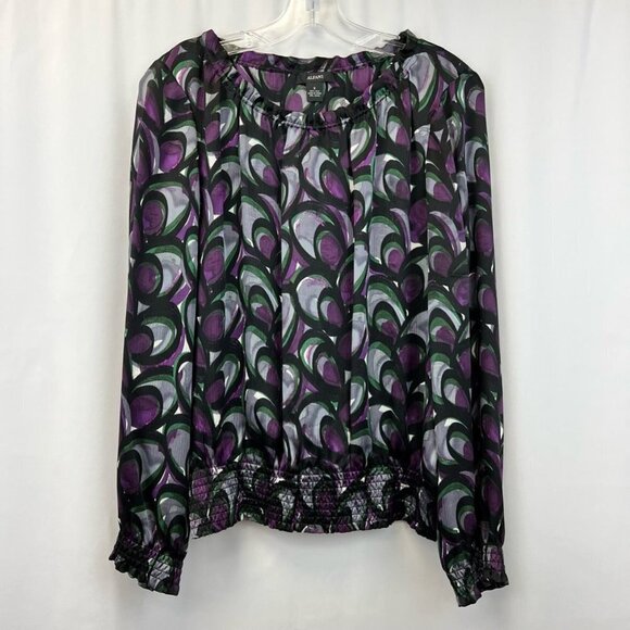 Alfani Womens Blouse Multicolor Peacock Long Sleeve Smocked 100% Silk Pullover 8 - Picture 1 of 11